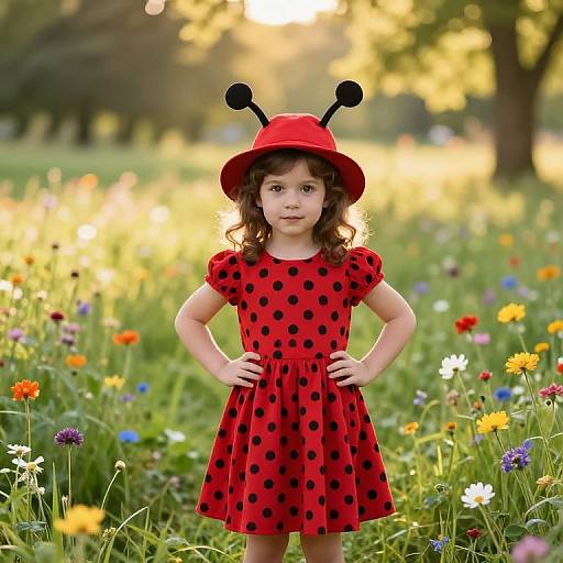 Photograph of a young girl with curly brown hair, wearing a red polka-dot dress and black antennae hat, standing in a sunlit me