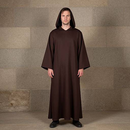 Photograph of a pale-skinned man with long black hair, wearing a black, hooded, medieval-style robe, standing against a textured stone wall