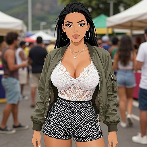 Digital illustration of a curvy woman with long black hair, large hoop earrings, green jacket, white lace top, and black-and-white patterned shorts