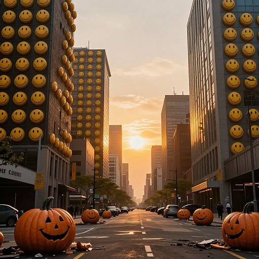 Photograph of a city street at sunset, flanked by buildings adorned with smiling yellow emojis, and large orange pumpkins on the road.