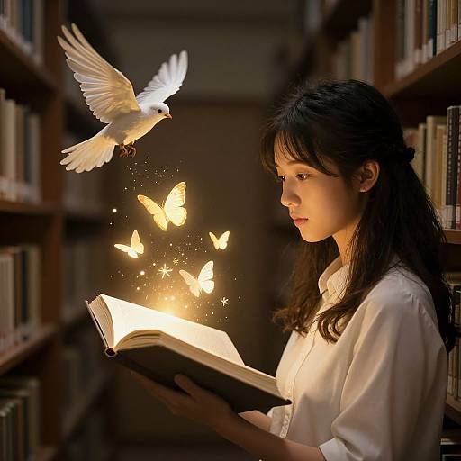 Photograph: Young Asian woman with long black hair, white blouse, reading illuminated book in library, surrounded by glowing butterflies and a white dove.