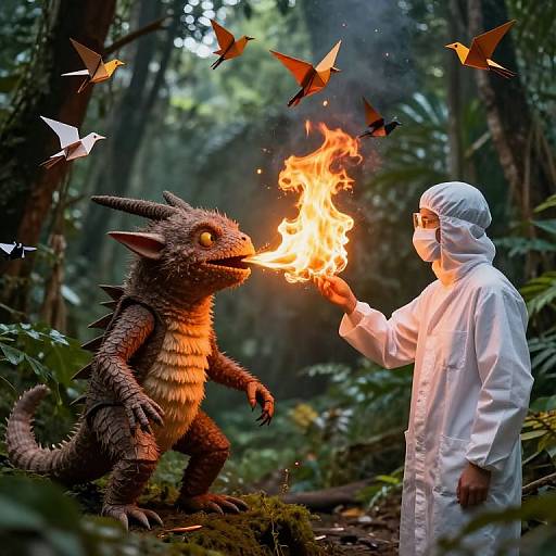 Photograph: Scientist in white suit holds flame to dragon's mouth in forest, surrounded by flying paper birds, with dense greenery.