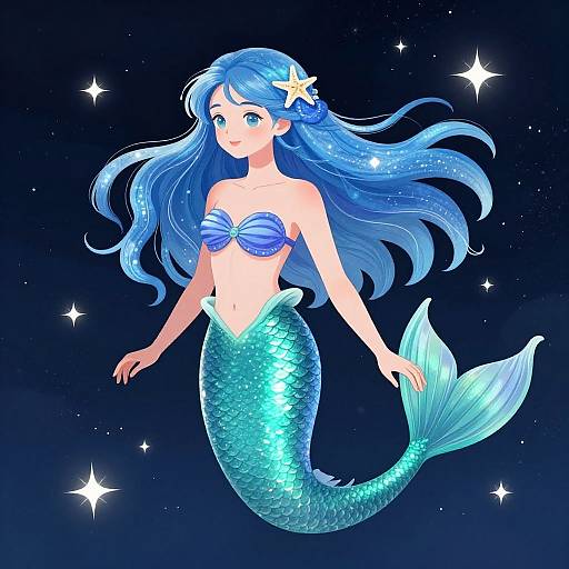 Digital anime-style drawing of a blue-haired mermaid with a star hairpin, glowing blue shell top, and shimmering green tail, floating in a