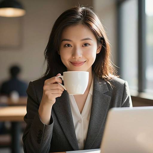 Photograph of a smiling Asian woman in a gray blazer, holding a white mug, sitting at a sunlit café table with a laptop.