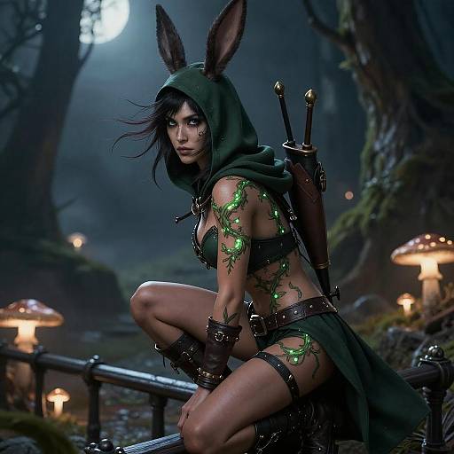 Moonlit Bowmistress Squatting on Railing