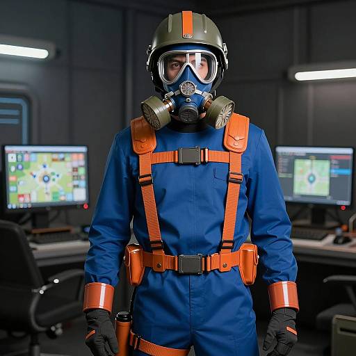 Man in Operation Board Game Inspired Costume with Gas Mask