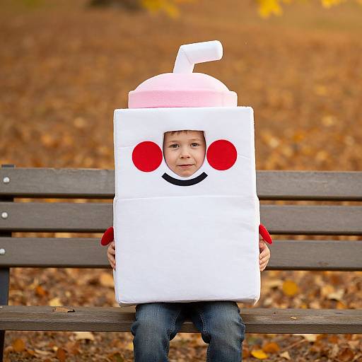 Boy in Marshmallow Costume on Autumn Bench