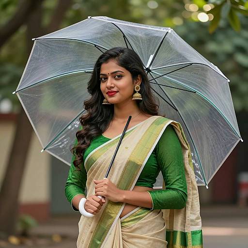 Indian Woman in Saree with Transparent Umbrella