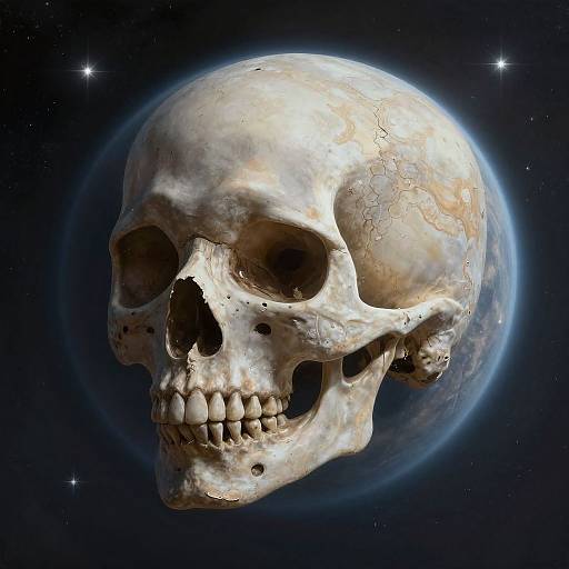 Digital artwork of a detailed human skull floating in space, with Earth partially visible behind it, showcasing a glowing blue horizon.