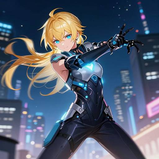 Digital anime-style drawing of a blonde, blue-eyed female cyborg with glowing blue accents, standing confidently in a neon-lit cityscape at night.