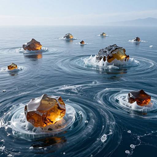 Photorealistic CGI of glowing amber crystals submerged in calm, blue ocean water, creating ripples and bubbles, with a clear sky in the background.