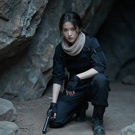Intense Cave Crouch: Tactical Woman Portrait