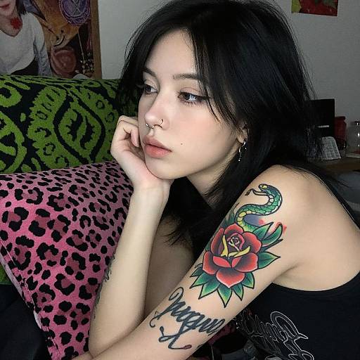 Photograph of a pale-skinned, black-haired woman with a nose ring, black eyeliner, and a snake rose tattoo on her arm, resting