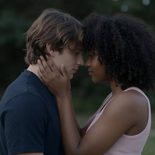 Young interracial couple sharing intimate moment outdoors