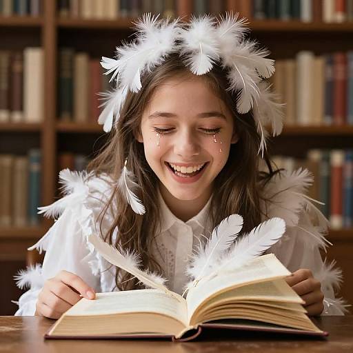 Photograph of a smiling young girl with tears in her eyes, wearing a white feathered headpiece and dress, reading an open book in a library