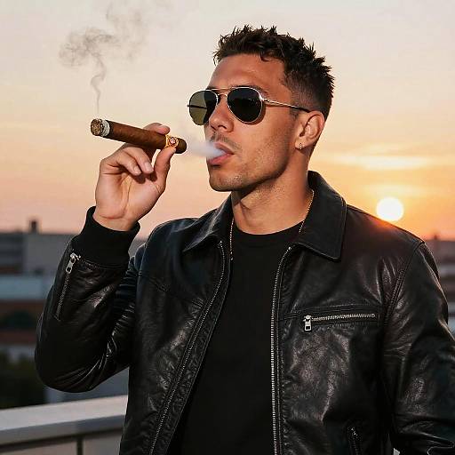 Photograph of a tan-skinned man with short, curly black hair, wearing sunglasses, black leather jacket, black shirt, smoking a cigar at sunset