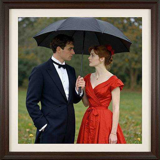 Photograph of a couple in formal attire, man in black tuxedo, woman in red dress, holding black umbrella, framed, outdoors.