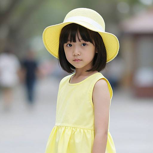 Photograph of a young Asian girl with straight black hair, wearing a bright yellow dress and sunhat, standing in a sunlit, blurred outdoor background