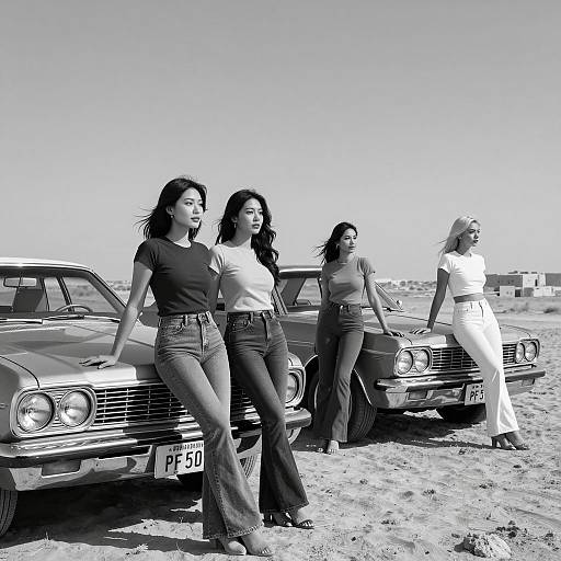 Black-and-White Photo of Four Women with Classic Cars in Desert
