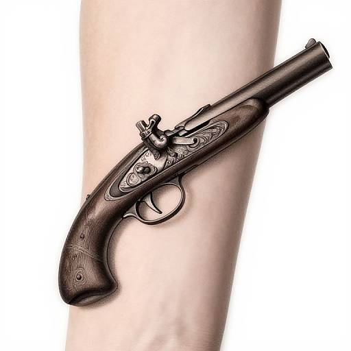 Photorealistic digital illustration of a vintage black Colt revolver with intricate engravings, positioned vertically along a pale, human forearm.