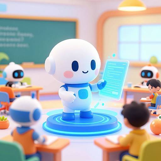 CGI image of a cute, white, spherical robot with blue accents, holding a glowing blue tablet, standing on a blue circular platform in a brightly