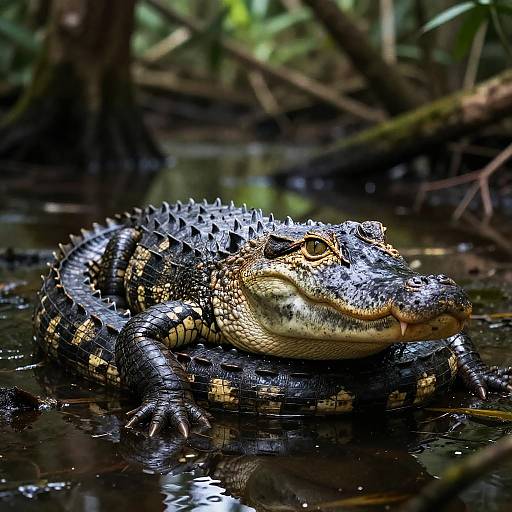 Photograph of a large, textured, black-and-yellow alligator with prominent spikes, resting in a reflective, muddy jungle waterhole.