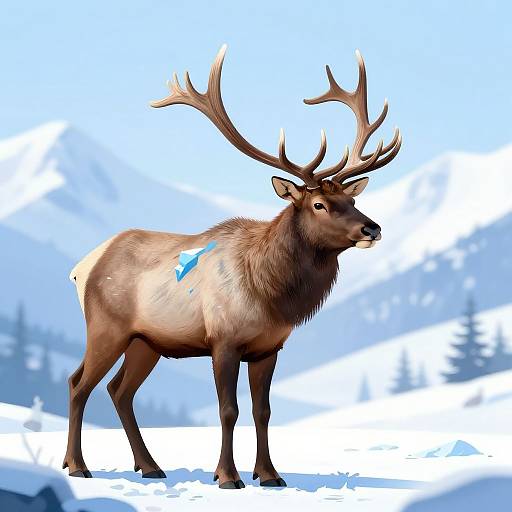 Photograph of a large elk with prominent antlers standing in snowy landscape, featuring a blue marking on its side. Clear, blue sky in background.