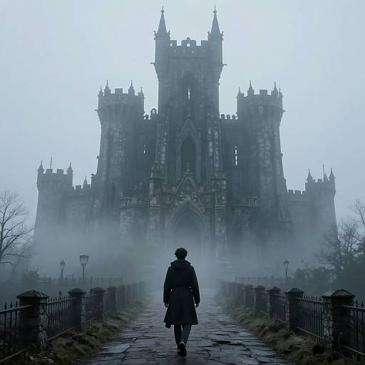 Silhouetted figure in dark coat walks toward misty, gothic castle; fog obscures details; wrought iron fence lines pathway; eerie,