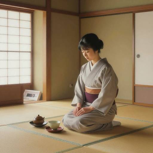 Photograph of a Japanese woman in a gray kimono, kneeling on tatami mat floor, preparing tea in traditional room with shoji screens.