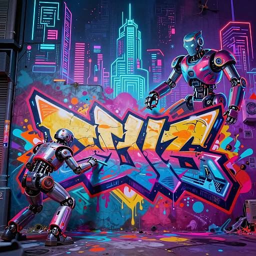 Cyberpunk Graffiti Art with Robots