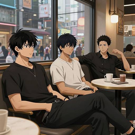 Digital anime-style drawing of three muscular, black-haired men in black and white shirts, sitting in a busy café, with city lights and pedestrians in the