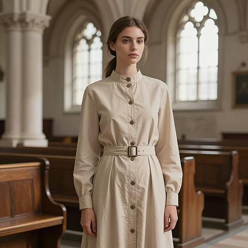 Young Woman in Beige Dress Inside Cathedral