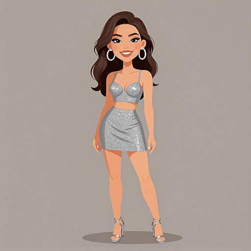 Digital cartoon of a smiling woman with long dark hair, wearing a sparkly silver bra and skirt, silver high heels, and large hoop earrings, standing