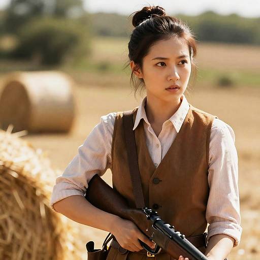 Focused Woman with Rifle in Rural Setting