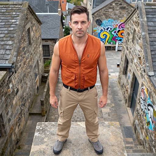 Photograph of a muscular, handsome man with short brown hair, wearing an orange sleeveless shirt, beige pants, and gray shoes, standing on a