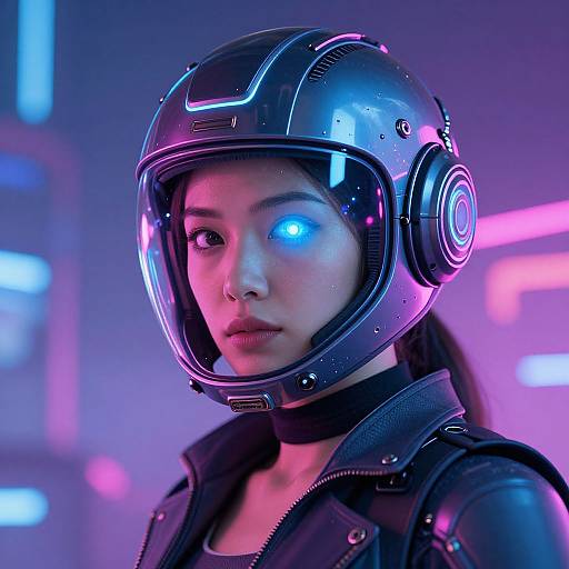 Digital CGI of an Asian woman with glowing blue eye, wearing a futuristic black helmet and neon-lit sci-fi attire.