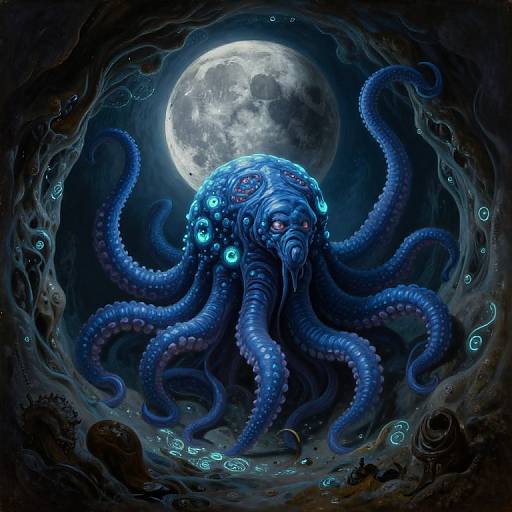 Digital artwork of a blue, glowing octopus with bioluminescent spots, set against a full moon in a dark, cavernous night sky.