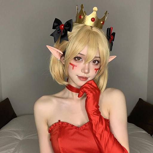 Elf Woman with Golden Crown and Red Dress