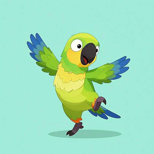 Cartoon parrot with bright green and yellow feathers, blue wings, and large black beak, joyfully flapping wings on a light blue background