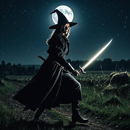 Witch Hunter with Glowing Blade at Moonlit Countryside