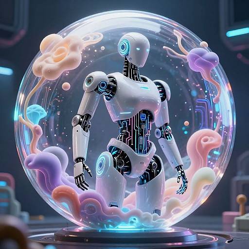 Digital CGI artwork: A glowing, black-and-white robot encased in a futuristic, transparent sphere with pastel-colored, swirling, cloud-like shapes,