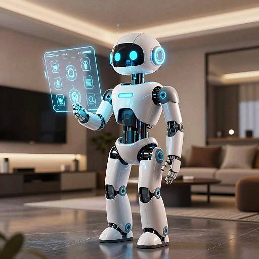 CGI image of a white, futuristic robot with glowing blue eyes and illuminated panels in its right hand, standing in a modern, well-lit living