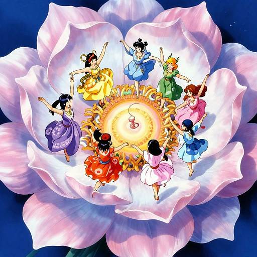 Digital illustration of seven anime-style girls in colorful dresses, dancing around a glowing sun in the center of a large white flower against a dark blue background.