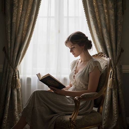 Photograph of a young woman with fair skin and dark hair in a vintage lace dress, reading a book in an ornate armchair, bathed
