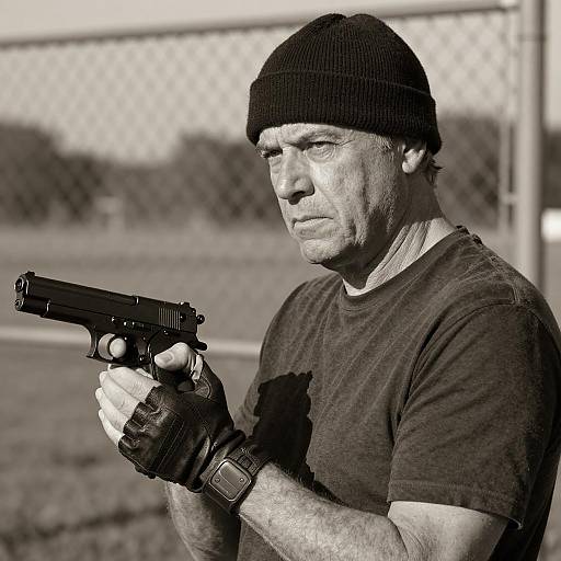 Middle-aged Man Holding Handgun in Sepia Tone