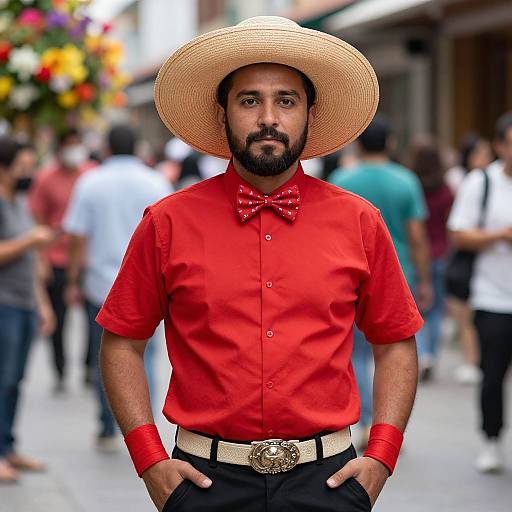 Confident Man in Straw Hat and Red
