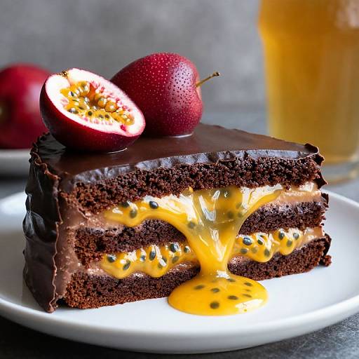 Photograph of a decadent chocolate layer cake with gooey yellow passionfruit filling, topped with a halved red passionfruit, on a white plate