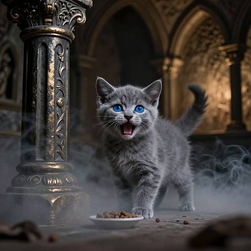 Photograph of a grey tabby kitten with bright blue eyes, open mouth, and small teeth, standing on a misty floor near an ornate