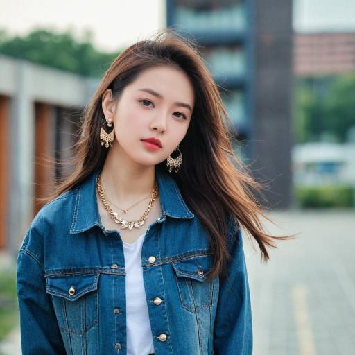 Young Asian Woman in Denim Jacket Outdoors