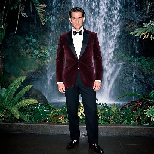 Photograph of a handsome man in a dark velvet tuxedo with black bow tie, white shirt, standing in front of a cascading waterfall surrounded